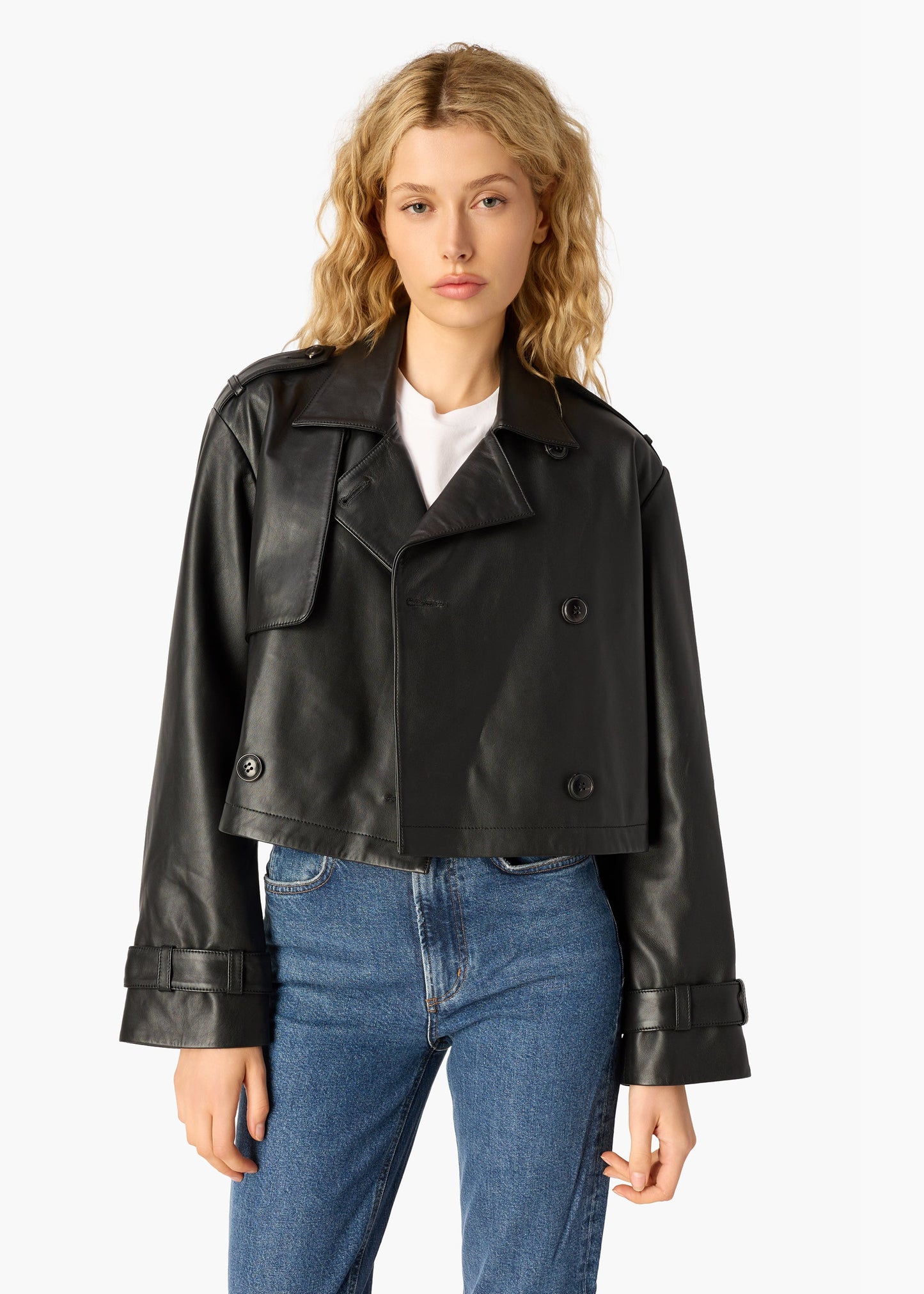 Saskia Genuine Leather Cropped Trench Black