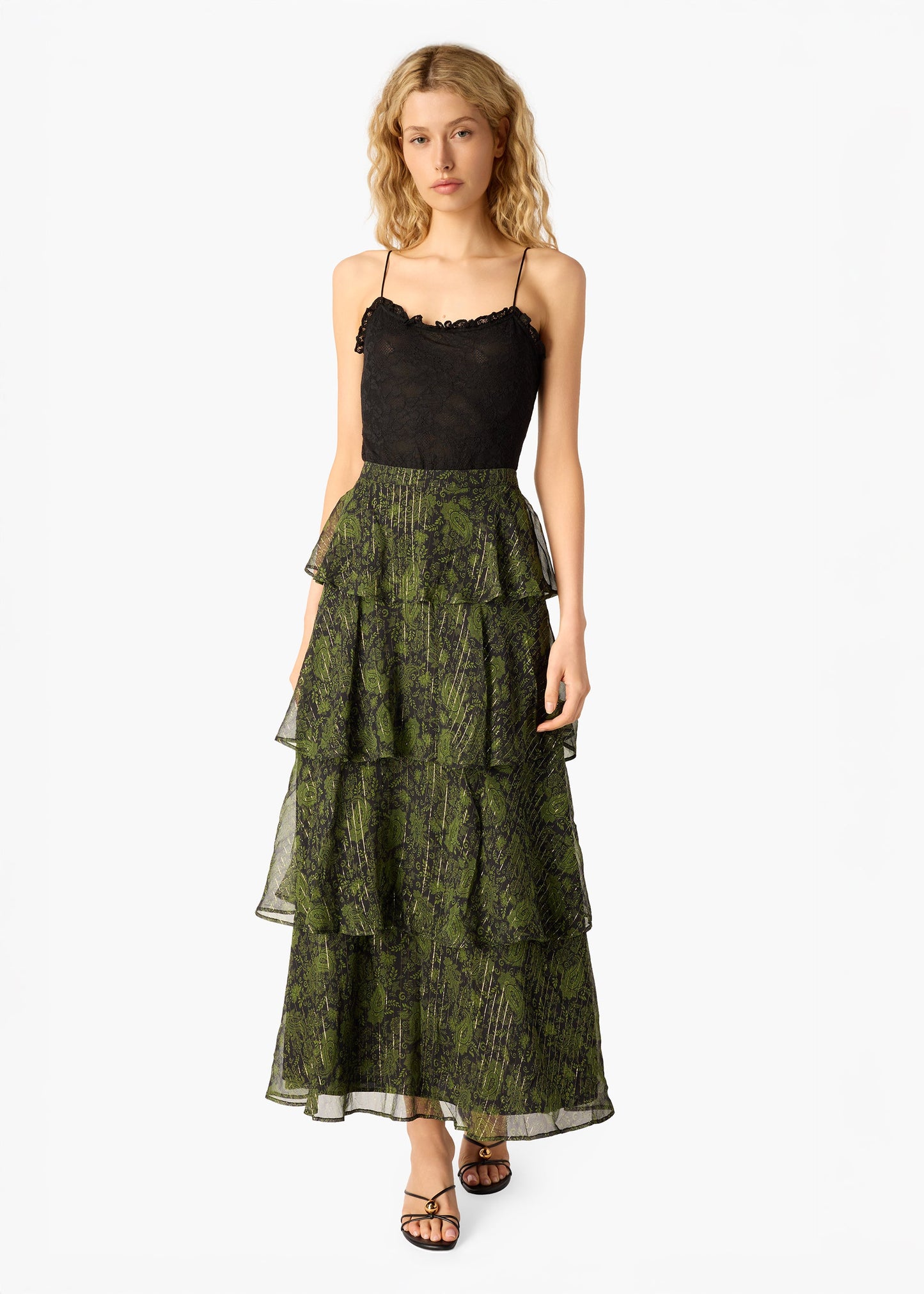 Gaia Metallic Chiffon Tiered Maxi Skirt Forest Paisley