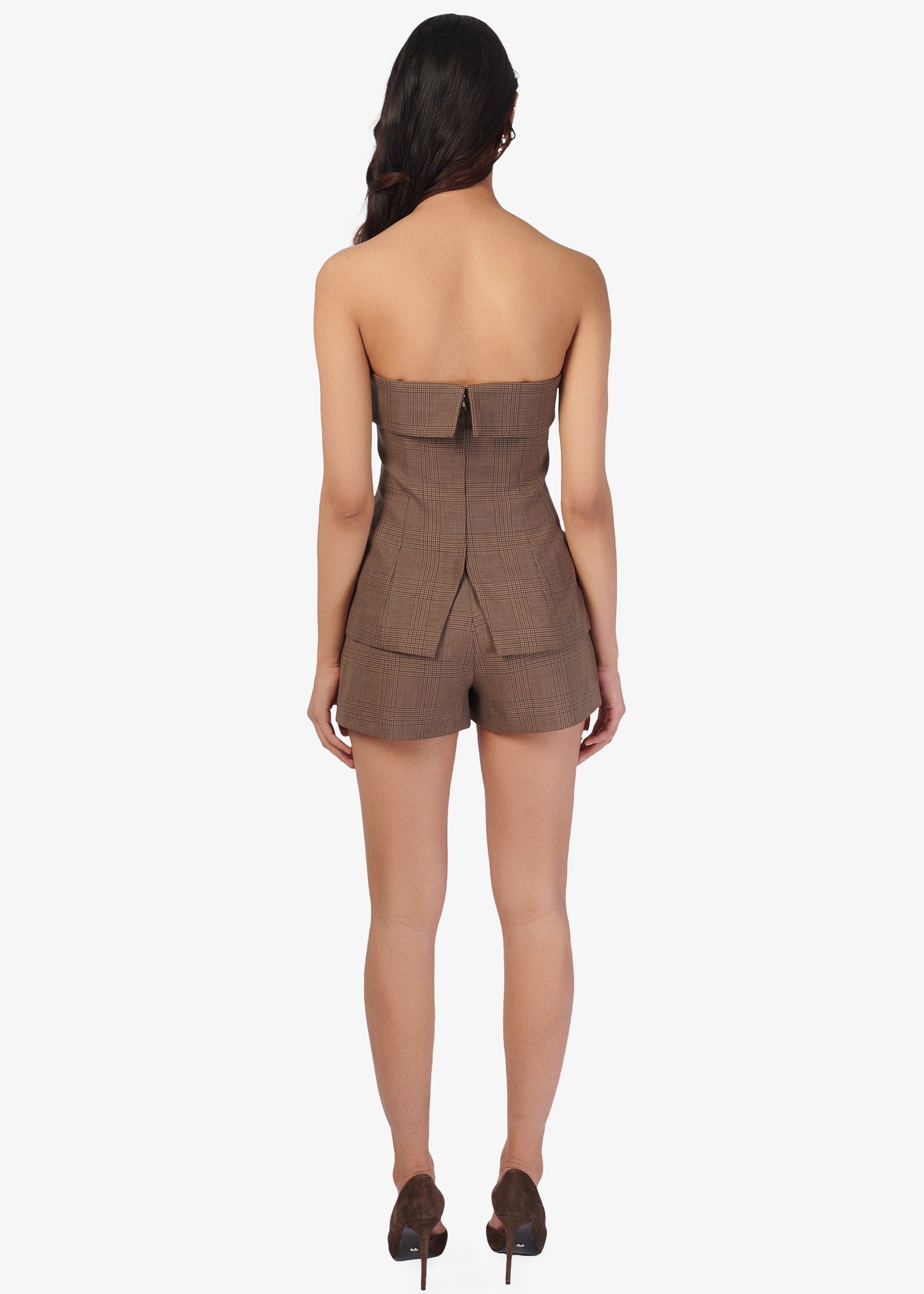 London Strapless Top Fawn Plaid