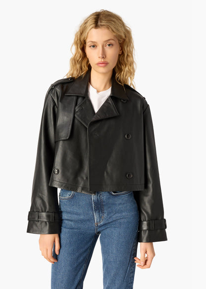 Saskia Genuine Leather Cropped Trench Black