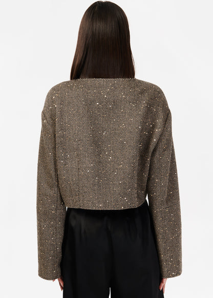 Serrano Sequin Tweed Cropped Jacket Black and Tan