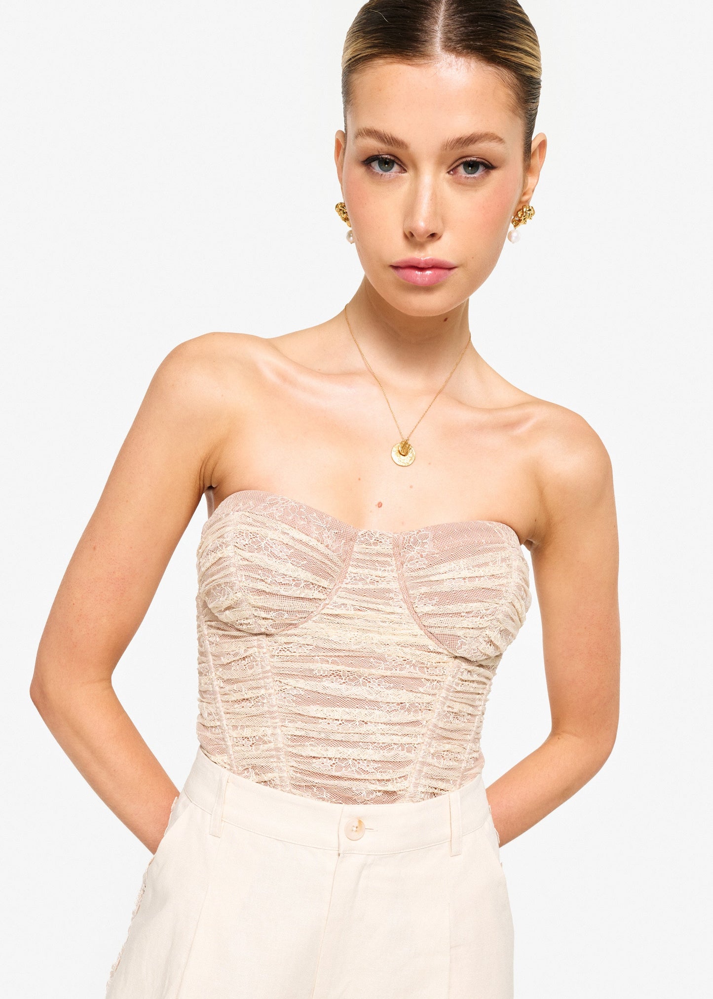 Rozana Strapless Lace Corset Bodysuit Bone